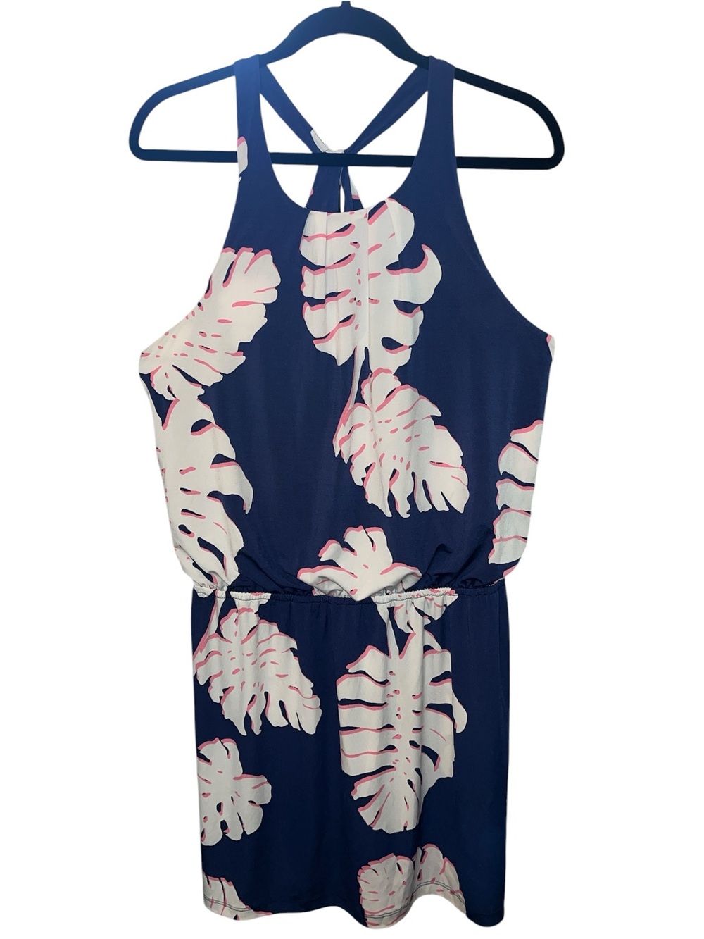 Tori Richard Navy Floral Halter Dress with Pink Accents